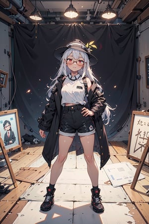 1girl, sole female, long hair, white hair, glasses, :3, jitome, red eyes, photo studio background, black coat, white shirt, black shorts, sneekers, cute hat, skindentation, posing, skinny, fullbody shot, photostudio, shooting light, indoors, light, cyclorama, white cyclorama