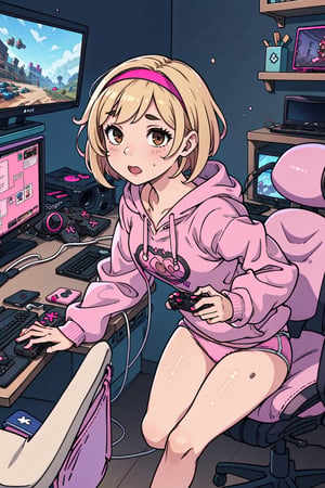 1girl, solo, blonde, short hair, pink hairband, small breasts, brown eyes, gamer girl, hoody, pink panties, bare legs, console, controller, computer, videogames, dark room, bedrrom,gameroomconcept