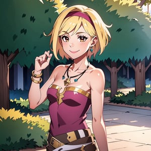 1girl, Blonde, short hair, pink hairband, small breasts, brown eyes, savage design, vox machina style, light smile, outdoors , detailed background, handsome, solo, cowboy shot, bone necklace, ((masterpiece, best quality)), raw photo, 4k hdr, perfecteyes, vox machina style, Savage_Design