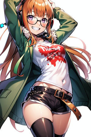 1girl, solo, long hair, looking at viewer, smile, simple background, t-shirt, thighhighs, white background, purple eyes, jacket, white shirt, boots, glasses, shorts, belt, black thighhighs, orange hair, grin, arms up, fur trim, short shorts, headphones, black shorts, goggles, green jacket, fur-trimmed jacket, behind-the-head headphones