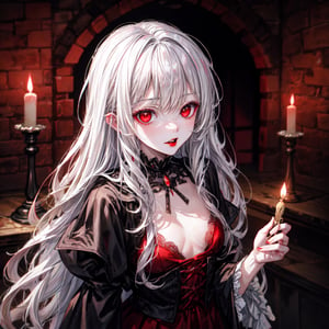 (better extreme quality lighting illustration), extremely detailed, detailed eyes, 1girl (vampire), long white hair, red eyes, red lips, small breasts, wearing medieval clothing, close up, rustic castle background scene, illuminated by candles, a supernatural horror film lighting giving a cinematic tone.