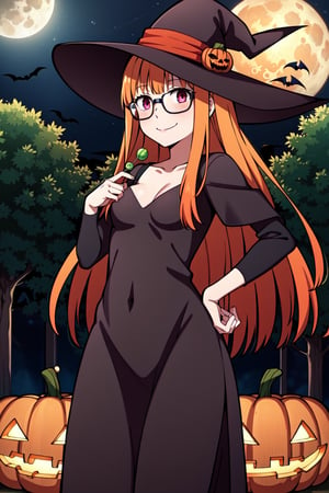 1girl, solo, Kuriyama Mirai, long hair, glasses, small breasts, light smile, Witch hat, pumpkins, night, haunted forest, ravens, full Moon, Candy bag,  orange hair, black dress, Halloween, light smile