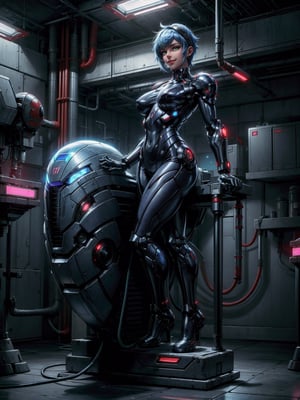 A woman, wearing cybernetic suit+white bionic armor with red bands, gigantic breasts, blue hair, very short hair, mohawk hair, bangs in front of her eyes, helmet on her head, looking at the viewer, (((erotic pose interacting and leaning on an object))), in a laboratory with machines, robots, pipes with luminous lights, windows showing the city, ((full body):1.5). 16k, UHD, best possible quality, ((best possible detail):1), best possible resolution, Unreal Engine 5, professional photography, ((Super Metroid)), perfect_hands,