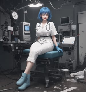 An ultra-detailed 16K masterpiece with horror++ and macabre++ styles, rendered in ultra-high resolution with graphic detail. | Aria, a 32-year-old woman, is dressed in a doctor's outfit, consisting of a white shirt, green pants and a surgical gown. She is also wearing a surgical mask, latex gloves and rubber boots. Her blue hair is short and unkempt, with a few locks tucked behind her ears. She has yellow eyes, looking at the viewer while smiling sensually, showing her teeth and wearing red lipstick. It is located in a macabre operating room, with filthy hospital structures, metal structures, destroyed machines and a macabre and filthy environment. The scene is lit by fluorescent lights, creating eerie shadows on the walls. There are surgical instruments scattered around the place, creating an environment of tension and fear. | The image highlights Aria's sensual figure and the macabre elements of the operating room, as well as the detailed textures on the structures, instruments and machines. | Dark and sinister lighting effects create a frightening and tense atmosphere, while Aria's sensual pose adds a seductive touch to the image. | A horror and seductive scene of a female doctor in a macabre operating room, exploring themes of fear, tension and sensuality. | (((The image reveals a full-body shot as Aria assumes a sensual pose, engagingly leaning against a structure within the scene in an exciting manner. She takes on a sensual pose as she interacts, boldly leaning on a structure, leaning back and boldly throwing herself onto the structure, reclining back in an exhilarating way.))). | ((((full-body shot)))), ((perfect pose)), ((perfect limbs, perfect fingers, better hands, perfect hands)), ((perfect legs, perfect feet)), ((huge breasts)), ((perfect design)), ((perfect composition)), ((very detailed scene, very detailed background, perfect layout, correct imperfections)), Enhance, Ultra details++, More Detail