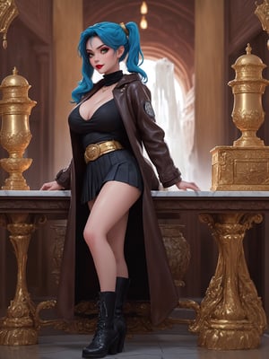 In a UHD masterpiece, with ultra-sharp details, the adventure-inspired style blends elements of anime and urban realism. | A stunning 30-year-old archaeologist showcases her elegance and boldness in an ancient Persian temple immersed in a waterfall. Wearing a dark brown leather coat, short white top, pleated black skirt, leather boots, and a black belt, her blue hair is adorned with two pigtails and a large fringe. A tattoo stands out on her right arm. Her piercing gaze stares directly at the viewer. | The scene reveals the magnificent temple with white marble structures, Persian writings, and impressive vases. On an altar, gold figurines capture the essence of ancient Persian culture. The camera, very close, highlights the protagonist adopting a dynamic pose. Leaning back with "tomb raider" style, she interacts and boldly leans on a large structure in the scene. | She is reclining in a dynamic way, providing a cinematic experience that combines adventure, style, and intrigue. | She is adopting a ((sensual pose as interacts, boldly leaning on a large structure in the scene, leaning back in a sensual way, adding a unique touch to the scene.):1.3), ((Full body)), perfect hand, fingers, hand, perfect, better\_hands, Big, More Detail.