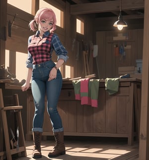 A razor-sharp 4K masterpiece with a realistic, futuristic style, rendered in ultra-high resolution with graphic detail. | A young 26-year-old woman, with short pink hair and two long pigtails, is dressed in a carpenter's outfit, consisting of a red and black checked shirt, jeans, work boots and a reflective vest with luminous clips. She has green eyes, she is looking at the viewer, while ((smiles, showing her teeth)). She finds herself in a carpentry shop, surrounded by wooden structures, metal structures and work tools. Light from spotlights and work lamps illuminate the room, creating dramatic shadows and highlighting details in the scene. | The image highlights the woman's figure, her clothes and accessories, as well as the carpentry elements around her. The details of the tools, wood and metal add realism to the image. | Soft, moody lighting effects create a tense, energetic atmosphere, while detailed textures on skin and fabrics add realism to the image. | A vibrant, futuristic scene of a young female carpenter in her workplace, exploring themes of strength, skill and female empowerment. | (((((The image reveals a full-body shot as she strikes a sensual pose, engagingly leaning against a structure within the scene in a thrilling manner. As she leans back, she assumes a sensual pose, leaning against the structure and reclining in an exciting way.))))). | ((full-body shot)), ((perfect pose)), ((perfect fingers, better hands, perfect hands)), ((perfect legs, perfect feet)), ((huge breasts)), ((perfect design)), ((perfect composition)), ((very detailed scene, very detailed background, perfect layout, correct imperfections)), More Detail, Enhance