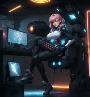 A masterpiece in 16K ultra-detailed resolution with sci-fi and adventure styles, rendered in ultra-high resolution with realistic details. | Sarah, a 28-year-old woman, is dressed in a mecha suit fused with robotic elements. The suit is silver and blue, with red and black details, and features various technological accessories, such as a plasma gun in her right hand and an energy shield in her left. Her short, spiky pink hair is disheveled. She has red eyes and is looking at the viewer while smiling and showing her teeth. She is located in an alien laboratory with alien structures, machines, computers, and control panels with glowing lights. The setting is futuristic and technological, with an atmosphere of mystery and adventure. | The image highlights Sarah's powerful and imposing figure and the futuristic elements of the laboratory. The alien structures, machines, computers, and control panels, together with the woman, the plasma gun, and the energy shield, create a magical and exciting environment. The glowing lights add a touch of drama and mystery to the scene. The shadows created by the light from the glowing lights emphasize the details of the scene and create a tense and energetic atmosphere. | Dramatic and vibrant lighting effects create a magical and immersive atmosphere, while detailed textures on the structures, machines, and suit add realism to the image. | An exciting and futuristic scene of a woman in a mecha suit in an alien laboratory, exploring themes of sci-fi, adventure, and technology. | (((The image reveals a full-body shot as Sarah assumes a sensual pose, engagingly leaning against a structure within the scene in an exciting manner. She takes on a sensual pose as she interacts, boldly leaning on a structure, leaning back and boldly throwing herself onto the structure, reclining back in an exhilarating way.))). | (((full-body_shot))), ((perfect pose)), ((perfect fingers, better hands, perfect hands)), ((perfect legs, perfect feet)), ((huge breasts)), ((perfect design)), ((perfect composition)), ((very detailed scene, very detailed background, perfect layout, correct imperfections)), More Detail, Enhance