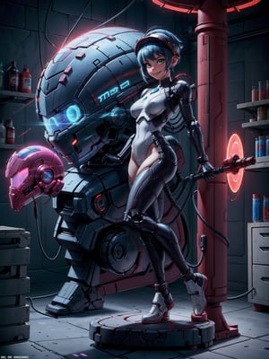 A woman, wearing cybernetic suit+white bionic armor with red bands, gigantic breasts, blue hair, very short hair, mohawk hair, bangs in front of her eyes, helmet on her head, looking at the viewer, (((erotic pose interacting and leaning on an object))), in a laboratory with machines, robots, pipes with luminous lights, windows showing the city, ((full body):1.5). 16k, UHD, best possible quality, ((best possible detail):1), best possible resolution, Unreal Engine 5, professional photography, ((Super Metroid)), perfect_hands,