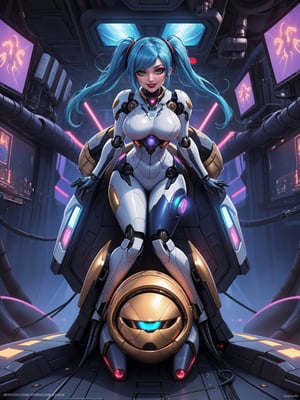 Masterpiece in 4K quality, featuring the Super Metroid style with a futuristic fusion of mecha musume. | A beautiful woman with a robotic body, clad in an all-white mecha musume suit adorned with small blue areas and circular golden lights. Her blue hair, with abundant bangs covering the right eye, two pigtails, and disheveled, adds a unique touch to her appearance. The expression of pure joy reflects directly to the viewer as she adopts a sensual pose, leaning back in a dynamic way and reclining on a large structure in the scene. | Inside an ultra-technological aircraft, the setting is filled with machines, computers, futuristic structures, and Super Metroid-style monitors. The camera is very close, focusing on her entire body, revealing every detail of the cybernetic armor and puppet-like limbs. | She is immersed in her environment, interacting with enthusiasm as she sensually leans on the structure, providing a dynamic and exciting scene. | She is adopting a ((sensual pose as interacts, boldly leaning on a large structure in the scene, leaning back in a sensual way, adding a unique touch to the scene.):1.3), ((full body image)), perfect hand, fingers, hand, perfect, better_hands, Big, More Detail.