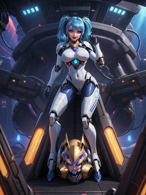 Masterpiece in 4K quality, featuring the Super Metroid style with a futuristic fusion of mecha musume. | A beautiful woman with a robotic body, clad in an all-white mecha musume suit adorned with small blue areas and circular golden lights. Her blue hair, with abundant bangs covering the right eye, two pigtails, and disheveled, adds a unique touch to her appearance. The expression of pure joy reflects directly to the viewer as she adopts a sensual pose, leaning back in a dynamic way and reclining on a large structure in the scene. | Inside an ultra-technological aircraft, the setting is filled with machines, computers, futuristic structures, and Super Metroid-style monitors. The camera is very close, focusing on her entire body, revealing every detail of the cybernetic armor and puppet-like limbs. | She is immersed in her environment, interacting with enthusiasm as she sensually leans on the structure, providing a dynamic and exciting scene. | She is adopting a ((sensual pose as interacts, boldly leaning on a large structure in the scene, leaning back in a sensual way, adding a unique touch to the scene.):1.3), ((full body image)), perfect hand, fingers, hand, perfect, better_hands, Big, More Detail.