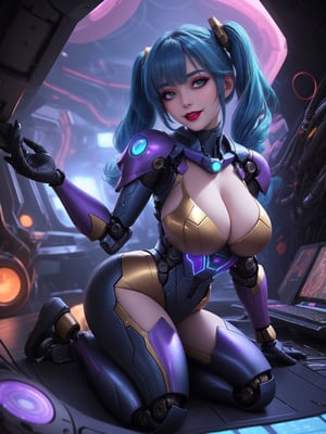 Masterpiece in 4K quality, featuring the Super Metroid style with a futuristic fusion of mecha musume. | A beautiful woman with a robotic body, clad in an all-white mecha musume suit adorned with small blue areas and circular golden lights. Her blue hair, with abundant bangs covering the right eye, two pigtails, and disheveled, adds a unique touch to her appearance. The expression of pure joy reflects directly to the viewer as she adopts a sensual pose, leaning back in a dynamic way and reclining on a large structure in the scene. | Inside an ultra-technological aircraft, the setting is filled with machines, computers, futuristic structures, and Super Metroid-style monitors. The camera is very close, focusing on her entire body, revealing every detail of the cybernetic armor and puppet-like limbs. | She is immersed in her environment, interacting with enthusiasm as she sensually leans on the structure, providing a dynamic and exciting scene. | She is adopting a ((sensual pose as interacts, boldly leaning on a large structure in the scene, leaning back in a sensual way, adding a unique touch to the scene.):1.3), ((full body)), perfect hand, fingers, hand, perfect, better_hands, Big, More Detail.