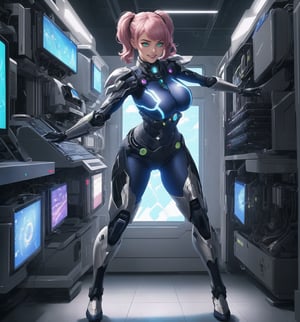 A masterpiece in 16K hyper-realistic with a futuristic and technological style, rendered in ultra-high resolution with impressive graphic details. | A 26-year-old young woman is dressed in a mecha suit, composed of silver metallic armor, a helmet with a visor, gloves, and combat boots. Her short pink hair has a large fringe and two long pigtails with glowing straps. She has green eyes, is looking at the viewer with a happy and confident expression, ((showing her teeth while smiling)). She is in a technological laboratory, surrounded by metal structures, computers, machines, and control panels. The light from the screens and control panels creates a futuristic and technological environment, highlighting the details of the scene and creating dramatic shadows. | The image emphasizes the imposing figure of the woman in the mecha suit, the metal structures, and the technological equipment surrounding her. The artificial lighting of the laboratory creates dramatic shadows and enhances the details of the scene. | Soft and dark lighting effects create a tense and energy-filled atmosphere, while detailed textures on the armor and fabrics add realism to the image. | A futuristic and technological scene of a young woman in a mecha suit in a laboratory, exploring themes of innovation, power, and advanced technology. | (((((The image reveals a full-body shot of the character as she assumes a sensual pose. She enticingly leans, throws herself, and supports herself against a structure within the scene in an exciting manner. While leaning back, she takes on a sensual pose, boldly throwing herself onto the structure and reclining back in an exhilarating way.))))). | ((full-body shot)), ((perfect pose)), ((perfect fingers, better hands, perfect hands)), ((perfect legs, perfect feet)), ((huge breasts)), ((perfect design)), ((perfect composition)), ((very detailed scene, very detailed background, perfect layout, correct imperfections)), More Detail, Enhance