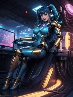 Masterpiece in 4K quality, featuring the Super Metroid style with a futuristic fusion of mecha musume. | A beautiful woman with a robotic body, clad in an all-white mecha musume suit adorned with small blue areas and circular golden lights. Her blue hair, with abundant bangs covering the right eye, two pigtails, and disheveled, adds a unique touch to her appearance. The expression of pure joy reflects directly to the viewer as she adopts a sensual pose, leaning back in a dynamic way and reclining on a large structure in the scene. | Inside an ultra-technological aircraft, the setting is filled with machines, computers, futuristic structures, and Super Metroid-style monitors. The camera is very close, focusing on her entire body, revealing every detail of the cybernetic armor and puppet-like limbs. | She is immersed in her environment, interacting with enthusiasm as she sensually leans on the structure, providing a dynamic and exciting scene. | She is adopting a ((sensual pose as interacts, boldly leaning on a large structure in the scene, leaning back in a sensual way, adding a unique touch to the scene.):1.3), ((full body image)), perfect hand, fingers, hand, perfect, better_hands, Big, More Detail.