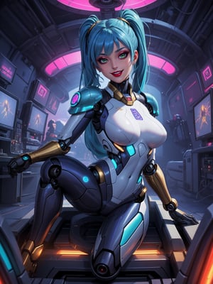 Masterpiece in 4K quality, featuring the Super Metroid style with a futuristic fusion of mecha musume. | A beautiful woman with a robotic body, clad in an all-white mecha musume suit adorned with small blue areas and circular golden lights. Her blue hair, with abundant bangs covering the right eye, two pigtails, and disheveled, adds a unique touch to her appearance. The expression of pure joy reflects directly to the viewer as she adopts a sensual pose, leaning back in a dynamic way and reclining on a large structure in the scene. | Inside an ultra-technological aircraft, the setting is filled with machines, computers, futuristic structures, and Super Metroid-style monitors. The camera is very close, focusing on her entire body, revealing every detail of the cybernetic armor and puppet-like limbs. | She is immersed in her environment, interacting with enthusiasm as she sensually leans on the structure, providing a dynamic and exciting scene. | She is adopting a ((sensual pose as interacts, boldly leaning on a large structure in the scene, leaning back in a sensual way, adding a unique touch to the scene.):1.3), ((full body)), perfect hand, fingers, hand, perfect, better_hands, Big, More Detail.