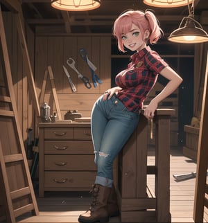 A razor-sharp 4K masterpiece with a realistic, futuristic style, rendered in ultra-high resolution with graphic detail. | A young 26-year-old woman, with short pink hair and two long pigtails, is dressed in a carpenter's outfit, consisting of a red and black checked shirt, jeans, work boots and a reflective vest with luminous clips. She has green eyes, she is looking at the viewer, while ((smiles, showing her teeth)). She finds herself in a carpentry shop, surrounded by wooden structures, metal structures and work tools. Light from spotlights and work lamps illuminate the room, creating dramatic shadows and highlighting details in the scene. | The image highlights the woman's figure, her clothes and accessories, as well as the carpentry elements around her. The details of the tools, wood and metal add realism to the image. | Soft, moody lighting effects create a tense, energetic atmosphere, while detailed textures on skin and fabrics add realism to the image. | A vibrant, futuristic scene of a young female carpenter in her workplace, exploring themes of strength, skill and female empowerment. | (((((The image reveals a full-body shot as she strikes a sensual pose, engagingly leaning against a structure within the scene in a thrilling manner. As she leans back, she assumes a sensual pose, leaning against the structure and reclining in an exciting way.))))). | ((full-body shot)), ((perfect pose)), ((perfect fingers, better hands, perfect hands)), ((perfect legs, perfect feet)), ((huge breasts)), ((perfect design)), ((perfect composition)), ((very detailed scene, very detailed background, perfect layout, correct imperfections)), More Detail, Enhance