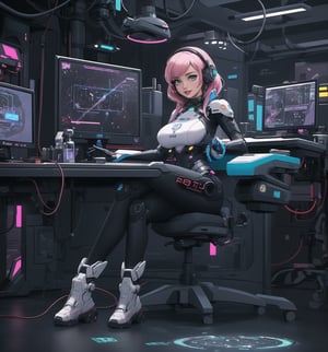 An ultra-detailed 16K masterpiece with futuristic and cyberpunk styles, rendered in ultra-high resolution with graphic details and metallic textures. | Ana, a 28-year-old woman, is dressed in a futuristic outfit, consisting of a silver fitted outfit with blue details and a transparent helmet. She is also wearing white gloves and tall silver boots. Her pink hair is short and combed back, with a few loose strands falling in front. She has green eyes, looking at the viewer while smiling, showing her teeth and wearing red lipstick. It is located in a futuristic laboratory, with machines, computers, a robot and metal structures with pipes and wiring. The scene is illuminated by LED lights, creating a technological and futuristic environment. There is advanced scientific equipment spread throughout the site, creating an environment of innovation and discovery. | The image highlights Ana's sensual figure and the architectural elements of the laboratory. Metallic structures, computers, robots and scientific equipment create a technological and futuristic environment. LED lights create dramatic shadows and highlight details in the scene. | Soft, colorful lighting effects create a sensual and mysterious atmosphere, while metallic and detailed textures on the materials add realism to the image. | A sensual and technological scene of Ana in a futuristic laboratory, fusing elements of futuristic art and cyberpunk. | (((The image reveals a full-body shot as Ana assumes a sensual pose, engagingly leaning against a structure within the scene in an exciting manner. She takes on a sensual pose as she interacts, boldly leaning on a structure, leaning back and boldly throwing herself onto the structure, reclining back in an exhilarating way.))). | ((((full-body shot)))), ((perfect pose)), ((perfect limbs, perfect fingers, better hands, perfect hands)), ((perfect legs, perfect feet)), ((huge breasts)), ((perfect design)), ((perfect composition)), ((very detailed scene, very detailed background, perfect layout, correct imperfections)), Enhance++, Ultra details++, More Detail++