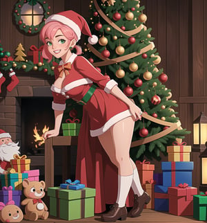 A razor-sharp 4K masterpiece with a realistic, festive style, rendered in ultra-high resolution with graphic detail. | A young 27-year-old woman, with short pink hair and two long pigtails, is dressed in a Santa Claus costume, consisting of a red blouse with white details, a red skirt, red and white striped socks, black boots and a hat Santa Claus with luminous clips. She has green eyes, she is looking at the viewer, while ((smiles, showing her teeth)). She finds herself inside a toy workshop, surrounded by wooden structures, metal structures, toys and stacked gifts. The light from the Christmas garlands and lamps illuminate the room, creating dramatic shadows and highlighting the details of the scene. | The image highlights the woman's figure, her clothes and accessories, as well as the toy workshop elements around her. The details of toys, gifts and decorations add realism to the image. | Soft, moody lighting effects create a cozy, holiday-filled atmosphere, while detailed textures on skin and fabrics add realism to the image. | A festive and joyful scene of a young woman as Santa Claus in her workshop, exploring themes of joy, fun and Christmas spirit. | (((((The image reveals a full-body shot as she strikes a sensual pose, engagingly leaning against a structure within the scene in a thrilling manner. As she leans back, she assumes a sensual pose, leaning against the structure and reclining in an exciting way.))))). | ((full-body shot)), ((perfect pose)), ((perfect fingers, better hands, perfect hands)), ((perfect legs, perfect feet)), ((huge breasts)), ((perfect design)), ((perfect composition)), ((very detailed scene, very detailed background, perfect layout, correct imperfections)), More Detail, Enhance