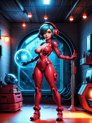 A woman, wearing cybernetic suit+white bionic armor with red bands, gigantic breasts, blue hair, very short hair, mohawk hair, bangs in front of her eyes, helmet on her head, looking at the viewer, (((erotic pose interacting and leaning on an object))), in a laboratory with machines, robots, pipes with luminous lights, windows showing the city, ((full body):1.5). 16k, UHD, best possible quality, ((best possible detail):1), best possible resolution, Unreal Engine 5, professional photography, ((Super Metroid)), perfect_hands,