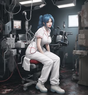 An ultra-detailed 16K masterpiece with ((horror and macabre styles)), rendered in ultra-high resolution with graphic detail. | Aria, a 32-year-old woman, is dressed in a doctor's outfit, consisting of a white shirt, green pants and a surgical gown. She is also wearing a surgical mask, latex gloves and rubber boots. Her blue hair is short and unkempt, with a few locks tucked behind her ears. She has yellow eyes, looking at the viewer while smiling sensually, showing her teeth and wearing red lipstick. It is located in a macabre operating room, with filthy hospital structures, metal structures, destroyed machines and a macabre and filthy environment. The scene is lit by fluorescent lights, creating eerie shadows on the walls. There are surgical instruments scattered around the place, creating an environment of tension and fear. | The image highlights Aria's sensual figure and the macabre elements of the operating room, as well as the detailed textures on the structures, instruments and machines. | Dark and sinister lighting effects create a frightening and tense atmosphere, while Aria's sensual pose adds a seductive touch to the image. | A horror and seductive scene of a female doctor in a macabre operating room, exploring themes of fear, tension and sensuality. | (((The image reveals a full-body shot as Aria assumes a sensual pose, engagingly leaning against a structure within the scene in an exciting manner. She takes on a sensual pose as she interacts, boldly leaning on a structure, leaning back and boldly throwing herself onto the structure, reclining back in an exhilarating way.))). | ((((full-body shot)))), ((perfect pose)), ((perfect limbs, perfect fingers, better hands, perfect hands)), ((perfect legs, perfect feet)), ((huge breasts)), ((perfect design)), ((perfect composition)), ((very detailed scene, very detailed background, perfect layout, correct imperfections)), Enhance++, Ultra details++, More Detail++