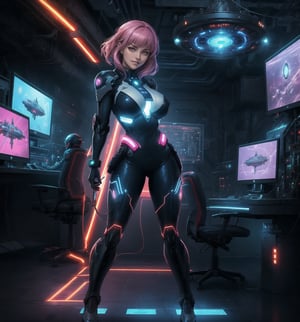 A masterpiece in 16K ultra-detailed resolution with sci-fi and adventure styles, rendered in ultra-high resolution with realistic details. | Sarah, a 28-year-old woman, is dressed in a mecha suit fused with robotic elements. The suit is silver and blue, with red and black details, and features various technological accessories, such as a plasma gun in her right hand and an energy shield in her left. Her short, spiky pink hair is disheveled. She has red eyes and is looking at the viewer while smiling and showing her teeth. She is located in an alien laboratory with alien structures, machines, computers, and control panels with glowing lights. The setting is futuristic and technological, with an atmosphere of mystery and adventure. | The image highlights Sarah's powerful and imposing figure and the futuristic elements of the laboratory. The alien structures, machines, computers, and control panels, together with the woman, the plasma gun, and the energy shield, create a magical and exciting environment. The glowing lights add a touch of drama and mystery to the scene. The shadows created by the light from the glowing lights emphasize the details of the scene and create a tense and energetic atmosphere. | Dramatic and vibrant lighting effects create a magical and immersive atmosphere, while detailed textures on the structures, machines, and suit add realism to the image. | An exciting and futuristic scene of a woman in a mecha suit in an alien laboratory, exploring themes of sci-fi, adventure, and technology. | (((The image reveals a full-body shot as Sarah assumes a sensual pose, engagingly leaning against a structure within the scene in an exciting manner. She takes on a sensual pose as she interacts, boldly leaning on a structure, leaning back and boldly throwing herself onto the structure, reclining back in an exhilarating way.))). | (((full-body_shot))), ((perfect pose)), ((perfect fingers, better hands, perfect hands)), ((perfect legs, perfect feet)), ((huge breasts)), ((perfect design)), ((perfect composition)), ((very detailed scene, very detailed background, perfect layout, correct imperfections)), More Detail, Enhance, Gigantic breasts 