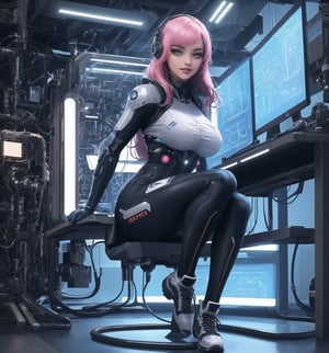 An ultra-detailed 16K masterpiece with futuristic and cyberpunk styles, rendered in ultra-high resolution with graphic details and metallic textures. | Ana, a 28-year-old woman, is dressed in a futuristic outfit, consisting of a silver fitted outfit with blue details and a transparent helmet. She is also wearing white gloves and tall silver boots. Her pink hair is short and combed back, with a few loose strands falling in front. She has green eyes, looking at the viewer while smiling, showing her teeth and wearing red lipstick. It is located in a futuristic laboratory, with machines, computers, a robot and metal structures with pipes and wiring. The scene is illuminated by LED lights, creating a technological and futuristic environment. There is advanced scientific equipment spread throughout the site, creating an environment of innovation and discovery. | The image highlights Ana's sensual figure and the architectural elements of the laboratory. Metallic structures, computers, robots and scientific equipment create a technological and futuristic environment. LED lights create dramatic shadows and highlight details in the scene. | Soft, colorful lighting effects create a sensual and mysterious atmosphere, while metallic and detailed textures on the materials add realism to the image. | A sensual and technological scene of Ana in a futuristic laboratory, fusing elements of futuristic art and cyberpunk. | (((The image reveals a full-body shot as Ana assumes a sensual pose, engagingly leaning against a structure within the scene in an exciting manner. She takes on a sensual pose as she interacts, boldly leaning on a structure, leaning back and boldly throwing herself onto the structure, reclining back in an exhilarating way.))). | ((((full-body shot)))), ((perfect pose)), ((perfect limbs, perfect fingers, better hands, perfect hands)), ((perfect legs, perfect feet)), ((huge breasts)), ((perfect design)), ((perfect composition)), ((very detailed scene, very detailed background, perfect layout, correct imperfections)), Enhance++, Ultra details++, More Detail++