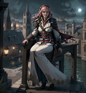 An ultra-detailed 16K masterpiece with ((Assassin's Creed)) and adventure styles, rendered in ultra-high resolution with realistic details. | Emily, a 30-year-old woman, dressed in an Assassin's Creed costume. The costume is white and gray, with black and red details, and has several accessories, such as a cape, a sword and a hidden blade. Her pink hair is long and wavy, tied into a high bun. She has green eyes, looking at the viewer, ((smiling and showing her teeth)). It is located on top of a cathedral at night, with a panoramic view of the city below. The place is historic and mysterious, with an atmosphere of adventure and danger. | The image highlights Emily's powerful and imposing figure and the historic and mysterious elements of the cathedral. The cathedral, the cloak, the sword and the hidden blade, together with the woman, create a magical and exciting environment. The panoramic view of the city at night adds a touch of drama and mystery to the setting. The shadows created by the moonlight highlight the details of the scene and create a tense and energetic atmosphere. | Dramatic and moody lighting effects create a mysterious and immersive atmosphere, while detailed textures on the structures, cape and costume add realism to the image. | A moving and historic scene of a woman in an Assassin's Creed costume atop a cathedral at night, exploring themes of adventure, mystery and danger. | (((The image reveals a full-body_shot as Emily assumes a sensual pose, engagingly leaning against a structure within the scene in an exciting manner. She takes on a sensual pose as she interacts, boldly leaning on a structure, leaning back and boldly throwing herself onto the structure, reclining back in an exhilarating way.))). | (((full-body_shot))), ((perfect pose)), ((perfect fingers, better hands, perfect hands)), ((perfect legs, perfect feet)), ((huge breasts)), ((perfect design)), ((perfect composition)), ((very detailed scene, very detailed background, perfect layout, correct imperfections)), More Detail, Enhance