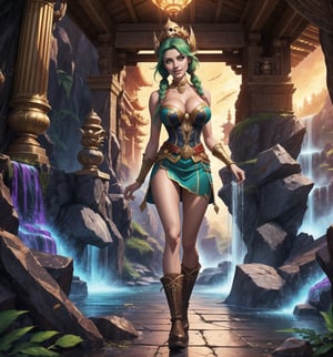 Graphic art from the game Warcraft in realistic, anime and cartoon style. | A beautiful 22-year-old woman, with long, messy green hair, two pigtails with metallic clips, yellow eyes and large breasts, wears a sorceress costume consisting of a black cloak with gold accessories, a white silk t-shirt without sleeveless and collarless, a red accordion skirt, brown leather boots with braided laces. She is smiling showing her teeth, looking directly at the viewer. | The composition of the scene is of a woman striking a sensual pose in an underground cave with an ancient temple in the background, a waterfall, rock structures, and very detailed architecture, an altar, skulls on the floor. | Dramatic lighting enhances the shadows and contrasts of the scene, creating a mysterious and sensual environment. Waterfall lighting effects add texture and depth to the image. | A sensual sorceress in an underground cave with an ancient temple in realistic, anime and cartoon style. | The camera revealing a full-body_image as she assumes a sensual pose, interacting and leaning against a structure in the scene in an exciting way. | (((She takes a sensual pose as she interacts, boldly leaning on a structure, leaning back in an exciting way))), (((((full-body_image))))), ((perfect pose, perfect anatomy, perfect body)), (((better hands, perfect fingers, perfect legs, perfect hands))), (((huge breasts, perfect breasts))), very detailed scene, very detailed background, ((((perfect composition, perfect design, perfect layout)))), ((correct imperfections, correct errors)), Add more detail, More Detail, Enhance