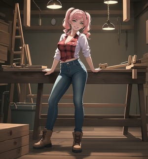 An ultra-detailed 16K masterpiece with realistic and sensual styles, rendered in ultra-high resolution with graphic detail. | A young 26-year-old woman is dressed in a carpenter's outfit, consisting of a red and black plaid shirt, jeans, work boots and a reflective vest with light clips. She has short pink hair, with big bangs, two long pigtails and luminous barrettes. She has green eyes, she is looking at the viewer, while ((smiles, showing her teeth)). She finds herself in a carpentry shop, surrounded by wooden structures, metal structures and work tools. The light from spotlights and work lamps illuminate the environment. | The scene highlights the sensual and confident figure of the young woman, contrasting with the harsh and industrial environment of the carpentry. The details of the carpenter's costume and the luminous lights on the cleats are highlighted by the shadows and reflections of the lamps and spotlights. | Dramatic, contrasting lighting effects from spotlights and work lamps create a tense, sensual atmosphere, while detailed textures on the costume and skin add realism to the image. | A bold and provocative scene of a young woman in a carpenter's costume in a carpentry shop, exploring themes of sensuality, industrial contrast and confidence. | (((((The image reveals a full-body shot as she strikes a sensual pose, engagingly leaning against a structure within the scene in a thrilling manner. As she leans back, she assumes a sensual pose, leaning against the structure and reclining in an exciting way.))))). | ((full-body shot)), ((perfect pose)), ((perfect fingers, better hands, perfect hands)), ((perfect legs, perfect feet)), ((huge breasts)), ((perfect design)), ((perfect composition)), ((very detailed scene, very detailed background, perfect layout, correct imperfections)), More Detail, Enhance