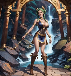 Graphic art from the game Warcraft in realistic, anime and cartoon style. | A beautiful 22-year-old woman, with long, messy green hair, two pigtails with metallic clips, yellow eyes and large breasts, wears a sorceress costume consisting of a black cloak with gold accessories, a white silk t-shirt without sleeveless and collarless, a red accordion skirt, brown leather boots with braided laces. She is smiling showing her teeth, looking directly at the viewer. | The composition of the scene is of a woman striking a sensual pose in an underground cave with an ancient temple in the background, a waterfall, rock structures, and very detailed architecture, an altar, skulls on the floor. | Dramatic lighting enhances the shadows and contrasts of the scene, creating a mysterious and sensual environment. Waterfall lighting effects add texture and depth to the image. | A sensual sorceress in an underground cave with an ancient temple in realistic, anime and cartoon style. | The camera revealing a full-body_image as she assumes a sensual pose, interacting and leaning against a structure in the scene in an exciting way. | (((She takes a sensual pose as she interacts, boldly leaning on a structure, leaning back in an exciting way))), (((((full-body_image))))), ((perfect pose, perfect anatomy, perfect body)), (((better hands, perfect fingers, perfect legs, perfect hands))), (((huge breasts, perfect breasts))), very detailed scene, very detailed background, ((((perfect composition, perfect design, perfect layout)))), ((correct imperfections, correct errors)), Add more detail, More Detail, Enhance