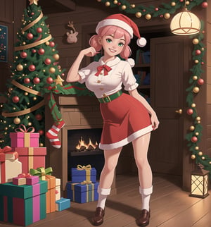 A razor-sharp 4K masterpiece with a realistic, festive style, rendered in ultra-high resolution with graphic detail. | A young 27-year-old woman, with short pink hair and two long pigtails, is dressed in a Santa Claus costume, consisting of a red blouse with white details, a red skirt, red and white striped socks, black boots and a hat Santa Claus with luminous clips. She has green eyes, she is looking at the viewer, while ((smiles, showing her teeth)). She finds herself inside a toy workshop, surrounded by wooden structures, metal structures, toys and stacked gifts. The light from the Christmas garlands and lamps illuminate the room, creating dramatic shadows and highlighting the details of the scene. | The image highlights the woman's figure, her clothes and accessories, as well as the toy workshop elements around her. The details of toys, gifts and decorations add realism to the image. | Soft, moody lighting effects create a cozy, holiday-filled atmosphere, while detailed textures on skin and fabrics add realism to the image. | A festive and joyful scene of a young woman as Santa Claus in her workshop, exploring themes of joy, fun and Christmas spirit. | (((((The image reveals a full-body shot as she assumes a sensual pose, engagingly leaning against a structure within the scene in an exciting manner. She takes on a sensual pose as she interacts, boldly leaning on a structure, leaning back in an exciting way.))))). | ((full-body shot)), ((perfect pose)), ((perfect fingers, better hands, perfect hands)), ((perfect legs, perfect feet)), ((huge breasts)), ((perfect design)), ((perfect composition)), ((very detailed scene, very detailed background, perfect layout, correct imperfections)), More Detail, Enhance