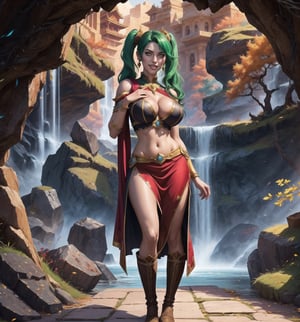 Graphic art from the game Warcraft in realistic, anime and cartoon style. | A beautiful 22-year-old woman, with long, messy green hair, two pigtails with metallic clips, yellow eyes and large breasts, wears a sorceress costume consisting of a black cloak with gold accessories, a white silk t-shirt without sleeveless and collarless, a red accordion skirt, brown leather boots with braided laces. She is smiling showing her teeth, looking directly at the viewer. | The composition of the scene is of a woman striking a sensual_pose in an underground cave with an ancient temple in the background, a waterfall, rock structures, and very detailed architecture, an altar, skulls on the floor. | Dramatic lighting enhances the shadows and contrasts of the scene, creating a mysterious and sensual environment. Waterfall lighting effects add texture and depth to the image. | A sensual sorceress in an underground cave with an ancient temple in realistic, anime and cartoon style. | The camera revealing a full-body_image as she assumes a sensual pose, interacting and leaning against a structure in the scene in an exciting way. | (((She takes a sensual pose as she interacts, boldly leaning on a structure, leaning back in an exciting way))), (((((full-body_image))))), ((perfect pose, perfect anatomy, perfect body)), (((better hands, perfect fingers, perfect legs, perfect hands))), (((huge breasts, perfect breasts))), very detailed scene, very detailed background, ((((perfect composition, perfect design, perfect layout)))), ((correct imperfections, correct errors)), Add more detail, More Detail, Enhance