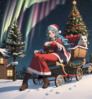 An ultra-detailed 16K masterpiece with Fantasy and Christmas styles, rendered in ultra-high resolution with realistic details. | Princess Zelda, a 25-year-old woman, dressed in a Mrs. Claus costume. The costume is red and white, with gold details, and has several accessories, such as a Santa hat, a cape and black boots. Her blue hair is long and wavy, tied in a high bun. She has green eyes, looking at the viewer, ((smiling and showing her teeth)). It is located in front of a brick house, with wooden structures, a sleigh, bags of gifts, toys and a Christmas tree. It's night, and the aurora borealis lights up the sky, creating a magical and enchanted atmosphere. | The image highlights Princess Zelda's sensual and seductive figure and the festive and magical elements of the scene. The brick house, the sleigh, the gift bags, the toys and the Christmas tree, together with the woman dressed as Mrs. Claus, create a magical and cozy environment. The aurora borealis lighting up the sky adds a touch of drama and mystery to the scene. The shadows created by the light of the aurora borealis highlight the details of the scene and create a tense and magical atmosphere. | Dramatic and vibrant lighting effects create a magical and immersive atmosphere, while detailed textures on the structures, sleigh, Christmas tree and costume add realism to the image. | An exciting and festive scene of Princess Zelda dressed as Mrs. Claus in front of a brick house, exploring themes of fantasy, magic and seduction. | (((The image reveals a full-body_shot as the Princess Zelda assumes a sensual pose, engagingly leaning against a structure within the scene in an exciting manner. She takes on a sensual pose as she interacts, boldly leaning on a structure, leaning back and boldly throwing herself onto the structure, reclining back in an exhilarating way.))). | (((full-body_shot))), ((perfect pose)), ((perfect fingers, better hands, perfect hands)), ((perfect legs, perfect feet)), ((huge breasts)), ((perfect design)), ((perfect composition)), ((very detailed scene, very detailed background, perfect layout, correct imperfections)), More Detail, Enhance