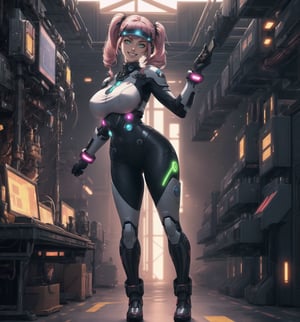A masterpiece in 16K hyper-realistic with a futuristic and technological style, rendered in ultra-high resolution with impressive graphic details. | A 26-year-old young woman is dressed in a mecha suit, composed of silver metallic armor, a helmet with a visor, gloves, and combat boots. Her short pink hair has a large fringe and two long pigtails with glowing straps. She has green eyes, is looking at the viewer with a happy and confident expression, ((showing her teeth while smiling)). She is in a technological laboratory, surrounded by metal structures, computers, machines, and control panels. The light from the screens and control panels creates a futuristic and technological environment, highlighting the details of the scene and creating dramatic shadows. | The image emphasizes the imposing figure of the woman in the mecha suit, the metal structures, and the technological equipment surrounding her. The artificial lighting of the laboratory creates dramatic shadows and enhances the details of the scene. | Soft and dark lighting effects create a tense and energy-filled atmosphere, while detailed textures on the armor and fabrics add realism to the image. | A futuristic and technological scene of a young woman in a mecha suit in a laboratory, exploring themes of innovation, power, and advanced technology. | (((((The image reveals a full-body shot of the character as she assumes a relaxed pose. She enticingly leans, throws herself, and supports herself against a structure within the scene in an exciting manner. While leaning back, she takes on a relaxed pose, boldly throwing herself onto the structure and reclining back in an exhilarating way.))))). | ((full-body shot)), ((perfect pose)), ((perfect fingers, better hands, perfect hands)), ((perfect legs, perfect feet)), ((huge breasts)), ((perfect design)), ((perfect composition)), ((very detailed scene, very detailed background, perfect layout, correct imperfections)), More Detail, Enhance,