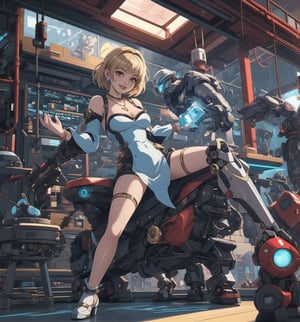 Image with mecha, science fiction, action, adventure, and romance styles, rendered in ultra-high resolution with realistic details. | Aiko, a 25-year-old robot woman, is completely naked, wearing only a pair of red-colored sunglasses with mirrored lenses, a gold necklace with a gear-shaped pendant, silver bracelets on her hands, and a gold ring with a small diamond on her left hand. She has blonde short hair, hair with a modern and stylish cut, straight and short hair. Her bright red eyes are looking at the viewer, she is ((smiling)), showing her white teeth and red-painted lips. The scene takes place in a futuristic laboratory, with steel and glass structures, metal structures, plastic structures, a robot, machines, computers. | The composition in a wide-angle shot highlights Aiko's imposing figure, her metallic skin, and the architectural elements of the laboratory. The steel and glass structures, along with Aiko, the robot, the machines, and the computers, create a science fiction, action, and adventure-filled environment. The lights scattered throughout the environment illuminate the scene, creating dramatic shadows and highlighting the details of the scene. | Soft and bright lighting effects create a futuristic and enchanting atmosphere, while detailed textures on the metallic skin, hair, and Aiko's accessories add realism to the image. | A charming and mysterious scene of Aiko, a robot woman in a futuristic laboratory, blending elements of mecha, science fiction, action, adventure, and romance. | ((fix_errors)). | (((((The image reveals a full-body shot of the character as she assumes a sensual pose. She enticingly leans, throws herself, and supports herself against a structure within the scene in an exciting manner. While leaning back, she takes on a sensual pose, boldly throwing herself onto the structure and reclining back in an exhilarating way.))))). | ((full-body shot)), ((perfect pose)), ((perfect fingers, better hands, perfect hands)), ((perfect legs, perfect feet)), ((huge breasts)), ((perfect design)), ((perfect composition)), ((very detailed scene, very detailed background, perfect layout, correct imperfections)), More Detail, Enhance