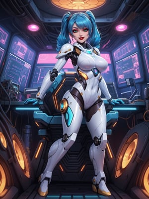 Masterpiece in 4K quality, featuring the Super Metroid style with a futuristic fusion of mecha musume. | A beautiful woman with a robotic body, clad in an all-white mecha musume suit adorned with small blue areas and circular golden lights. Her blue hair, with abundant bangs covering the right eye, two pigtails, and disheveled, adds a unique touch to her appearance. The expression of pure joy reflects directly to the viewer as she adopts a sensual pose, leaning back in a dynamic way and reclining on a large structure in the scene. | Inside an ultra-technological aircraft, the setting is filled with machines, computers, futuristic structures, and Super Metroid-style monitors. The camera is very close, focusing on her entire body, revealing every detail of the cybernetic armor and puppet-like limbs. | She is immersed in her environment, interacting with enthusiasm as she sensually leans on the structure, providing a dynamic and exciting scene. | She is adopting a ((sensual pose as interacts, boldly leaning on a large structure in the scene, leaning back in a sensual way, adding a unique touch to the scene.):1.3), ((full body image)), perfect hand, fingers, hand, perfect, better_hands, Big, More Detail.