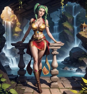 Graphic art from the game Warcraft in realistic, anime and cartoon style. | A beautiful 22-year-old woman, with long, messy green hair, two pigtails with metallic clips, yellow eyes and large breasts, wears a sorceress costume consisting of a black cloak with gold accessories, a white silk t-shirt without sleeveless and collarless, a red accordion skirt, brown leather boots with braided laces. She is smiling showing her teeth, looking directly at the viewer. | The composition of the scene is of a woman striking a sensual pose in an underground cave with an ancient temple in the background, a waterfall, rock structures, and very detailed architecture, an altar, skulls on the floor. | Dramatic lighting enhances the shadows and contrasts of the scene, creating a mysterious and sensual environment. Waterfall lighting effects add texture and depth to the image. | A sensual sorceress in an underground cave with an ancient temple in realistic, anime and cartoon style. | The camera revealing a full-body_image as she assumes a sensual pose, interacting and leaning against a structure in the scene in an exciting way. | (((She takes a sensual pose as she interacts, boldly leaning on a structure, leaning back in an exciting way))), (((((full-body_image))))), ((perfect pose, perfect anatomy, perfect body)), (((better hands, perfect fingers, perfect legs, perfect hands))), (((huge breasts, perfect breasts))), very detailed scene, very detailed background, ((((perfect composition, perfect design, perfect layout)))), ((correct imperfections, correct errors)), Add more detail, More Detail, Enhance