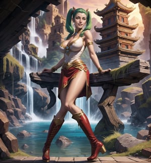 Graphic art from the game Warcraft in realistic, anime and cartoon style. | A beautiful 22-year-old woman, with long, messy green hair, two pigtails with metallic clips, yellow eyes and large breasts, wears a sorceress costume consisting of a black cloak with gold accessories, a white silk t-shirt without sleeveless and collarless, a red accordion skirt, brown leather boots with braided laces. She is smiling showing her teeth, looking directly at the viewer. | The composition of the scene is of a woman striking a sensual pose in an underground cave with an ancient temple in the background, a waterfall, rock structures, and very detailed architecture, an altar, skulls on the floor. | Dramatic lighting enhances the shadows and contrasts of the scene, creating a mysterious and sensual environment. Waterfall lighting effects add texture and depth to the image. | A sensual sorceress in an underground cave with an ancient temple in realistic, anime and cartoon style. | The camera revealing a full-body_image as she assumes a sensual pose, interacting and leaning against a structure in the scene in an exciting way. | (((She takes a sensual pose as she interacts, boldly leaning on a structure, leaning back in an exciting way))), (((((full-body_image))))), ((perfect pose, perfect anatomy, perfect body)), (((better hands, perfect fingers, perfect legs, perfect hands))), (((huge breasts, perfect breasts))), very detailed scene, very detailed background, ((((perfect composition, perfect design, perfect layout)))), ((correct imperfections, correct errors)), Add more detail, More Detail, Enhance