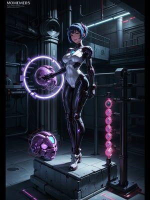 A woman, wearing cybernetic suit+white bionic armor with red bands, gigantic breasts, blue hair, very short hair, mohawk hair, bangs in front of her eyes, helmet on her head, looking at the viewer, (((erotic pose interacting and leaning on an object))), in a laboratory with machines, robots, pipes with luminous lights, windows showing the city, ((full body):1.5). 16k, UHD, best possible quality, ((best possible detail):1), best possible resolution, Unreal Engine 5, professional photography, ((Super Metroid)), perfect_hands,