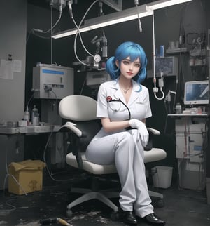 An ultra-detailed 16K masterpiece with horror and macabre styles, rendered in ultra-high resolution with graphic detail. | Aria, a 32-year-old woman, is dressed in a doctor's outfit, consisting of a white shirt, green pants and a surgical gown. She is also wearing a surgical mask, latex gloves and rubber boots. Her blue hair is short and unkempt, with a few locks tucked behind her ears. She has yellow eyes, looking at the viewer while smiling sensually, showing her teeth and wearing red lipstick. It is located in a macabre operating room, with filthy hospital structures, metal structures, destroyed machines and a macabre and filthy environment. The scene is lit by fluorescent lights, creating eerie shadows on the walls. There are surgical instruments scattered around the place, creating an environment of tension and fear. | The image highlights Aria's sensual figure and the macabre elements of the operating room, as well as the detailed textures on the structures, instruments and machines. | Dark and sinister lighting effects create a frightening and tense atmosphere, while Aria's sensual pose adds a seductive touch to the image. | A horror and seductive scene of a female doctor in a macabre operating room, exploring themes of fear, tension and sensuality. | (((The image reveals a full-body shot as Aria assumes a sensual pose, engagingly leaning against a structure within the scene in an exciting manner. She takes on a sensual pose as she interacts, boldly leaning on a structure, leaning back and boldly throwing herself onto the structure, reclining back in an exhilarating way.))). | ((((full-body shot)))), ((perfect pose)), ((perfect limbs, perfect fingers, better hands, perfect hands)), ((perfect legs, perfect feet)), ((huge breasts)), ((perfect design)), ((perfect composition)), ((very detailed scene, very detailed background, perfect layout, correct imperfections)), Enhance, Ultra details++, More Detail
