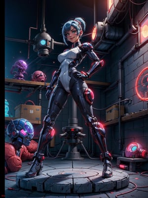 A woman, wearing cybernetic suit+white bionic armor with red bands, gigantic breasts, blue hair, very short hair, mohawk hair, bangs in front of her eyes, helmet on her head, looking at the viewer, (((erotic pose interacting and leaning on an object))), in a laboratory with machines, robots, pipes with luminous lights, windows showing the city, ((full body):1.5). 16k, UHD, best possible quality, ((best possible detail):1), best possible resolution, Unreal Engine 5, professional photography, ((Super Metroid)), perfect_hands,