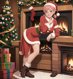 A masterpiece in 4K ultra-high definition with a realistic and cozy style, rendered in ultra-high resolution with graphic details. | A young 24-year-old woman with short pink hair and two long pigtails is dressed in a Santa's helper outfit, consisting of a red blouse with white details, a red skirt, red and white striped stockings, black boots, and a Santa hat with glowing pom-poms. ((She has green eyes, looking at the viewer while smiling, showing her teeth)). She is inside a cozy wooden house, featuring wooden structures, a fireplace, comfortable furniture, and a beautifully decorated Christmas tree. The warm light from the fireplace and the twinkling lights on the Christmas tree create a cozy and festive atmosphere, highlighting the details of the scene. | The image emphasizes the woman's figure, her clothing and accessories, as well as the elements of the wooden house surrounding her. The details of the wood, fireplace, furniture, and decorations add realism to the image. | Soft and warm lighting effects create a cozy atmosphere filled with Christmas spirit, while detailed textures on the skin and fabrics add realism to the image. | A cozy and festive scene of a young woman as Santa's helper in a wooden house, exploring themes of comfort, joy, and Christmas spirit. | (((((The image reveals a full-body shot as she strikes a sensual pose, engagingly leaning against a structure within the scene in a thrilling manner. As she leans back, she assumes a sensual pose, leaning against the structure and reclining in an exciting way.))))). | ((full-body shot)), ((perfect pose)), ((perfect fingers, better hands, perfect hands)), ((perfect legs, perfect feet)), ((huge breasts)), ((perfect design)), ((perfect composition)), ((very detailed scene, very detailed background, perfect layout, correct imperfections)), More Detail, Enhance