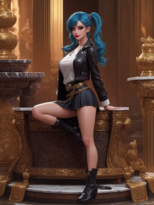 In a UHD masterpiece, with ultra-sharp details, the adventure-inspired style blends elements of anime and urban realism. | A stunning 30-year-old archaeologist showcases her elegance and boldness in an ancient Persian temple immersed in a waterfall. Wearing a dark brown leather coat, short white top, pleated black skirt, leather boots, and a black belt, her blue hair is adorned with two pigtails and a large fringe. A tattoo stands out on her right arm. Her piercing gaze stares directly at the viewer. | The scene reveals the magnificent temple with white marble structures, Persian writings, and impressive vases. On an altar, gold figurines capture the essence of ancient Persian culture. The camera, very close, highlights the protagonist adopting a dynamic pose. Leaning back with "tomb raider" style, she interacts and boldly leans on a large structure in the scene. | She is reclining in a dynamic way, providing a cinematic experience that combines adventure, style, and intrigue. | She is adopting a ((sensual pose as interacts, boldly leaning on a large structure in the scene, leaning back in a sensual way, adding a unique touch to the scene.):1.3), ((Full body)), perfect hand, fingers, hand, perfect, better\_hands, Big, More Detail.