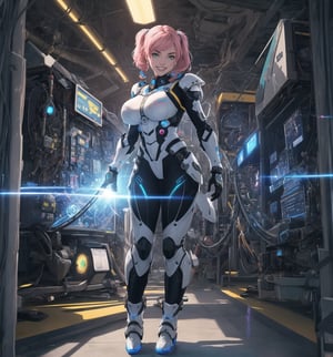 A masterpiece in 16K hyper-realistic with a futuristic and technological style, rendered in ultra-high resolution with impressive graphic details. | A 26-year-old young woman is dressed in a mecha suit, composed of silver metallic armor, a helmet with a visor, gloves, and combat boots. Her short pink hair has a large fringe and two long pigtails with glowing straps. She has green eyes, is looking at the viewer with a happy and confident expression, ((showing her teeth while smiling)). She is in a technological laboratory, surrounded by metal structures, computers, machines, and control panels. The light from the screens and control panels creates a futuristic and technological environment, highlighting the details of the scene and creating dramatic shadows. | The image emphasizes the imposing figure of the woman in the mecha suit, the metal structures, and the technological equipment surrounding her. The artificial lighting of the laboratory creates dramatic shadows and enhances the details of the scene. | Soft and dark lighting effects create a tense and energy-filled atmosphere, while detailed textures on the armor and fabrics add realism to the image. | A futuristic and technological scene of a young woman in a mecha suit in a laboratory, exploring themes of innovation, power, and advanced technology. | (((((The image reveals a full-body shot of the character as she assumes a relaxed pose. She enticingly leans, throws herself, and supports herself against a structure within the scene in an exciting manner. While leaning back, she takes on a relaxed pose, boldly throwing herself onto the structure and reclining back in an exhilarating way.))))). | ((full-body shot)), ((perfect pose)), ((perfect fingers, better hands, perfect hands)), ((perfect legs, perfect feet)), ((huge breasts)), ((perfect design)), ((perfect composition)), ((very detailed scene, very detailed background, perfect layout, correct imperfections)), More Detail, Enhance,