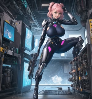 A masterpiece in 16K hyper-realistic with a futuristic and technological style, rendered in ultra-high resolution with impressive graphic details. | A 26-year-old young woman is dressed in a mecha suit, composed of silver metallic armor, a helmet with a visor, gloves, and combat boots. Her short pink hair has a large fringe and two long pigtails with glowing straps. She has green eyes, is looking at the viewer with a happy and confident expression, ((showing her teeth while smiling)). She is in a technological laboratory, surrounded by metal structures, computers, machines, and control panels. The light from the screens and control panels creates a futuristic and technological environment, highlighting the details of the scene and creating dramatic shadows. | The image emphasizes the imposing figure of the woman in the mecha suit, the metal structures, and the technological equipment surrounding her. The artificial lighting of the laboratory creates dramatic shadows and enhances the details of the scene. | Soft and dark lighting effects create a tense and energy-filled atmosphere, while detailed textures on the armor and fabrics add realism to the image. | A futuristic and technological scene of a young woman in a mecha suit in a laboratory, exploring themes of innovation, power, and advanced technology. | (((((The image reveals a full-body shot of the character as she assumes a sensual pose. She enticingly leans, throws herself, and supports herself against a structure within the scene in an exciting manner. While leaning back, she takes on a sensual pose, boldly throwing herself onto the structure and reclining back in an exhilarating way.))))). | ((full-body shot)), ((perfect pose)), ((perfect fingers, better hands, perfect hands)), ((perfect legs, perfect feet)), ((huge breasts)), ((perfect design)), ((perfect composition)), ((very detailed scene, very detailed background, perfect layout, correct imperfections)), More Detail, Enhance