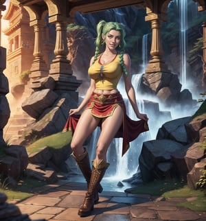 Graphic art from the game Warcraft in realistic, anime and cartoon style. | A beautiful 22-year-old woman, with long, messy green hair, two pigtails with metallic clips, yellow eyes and large breasts, wears a sorceress costume consisting of a black cloak with gold accessories, a white silk t-shirt without sleeveless and collarless, a red accordion skirt, brown leather boots with braided laces. She is smiling showing her teeth, looking directly at the viewer. | The composition of the scene is of a woman striking a sensual pose in an underground cave with an ancient temple in the background, a waterfall, rock structures, and very detailed architecture, an altar, skulls on the floor. | Dramatic lighting enhances the shadows and contrasts of the scene, creating a mysterious and sensual environment. Waterfall lighting effects add texture and depth to the image. | A sensual sorceress in an underground cave with an ancient temple in realistic, anime and cartoon style. | The camera revealing a full-body_image as she assumes a sensual pose, interacting and leaning against a structure in the scene in an exciting way. | (((She takes a sensual pose as she interacts, boldly leaning on a structure, leaning back in an exciting way))), (((((full-body_image))))), ((perfect pose, perfect anatomy, perfect body)), (((better hands, perfect fingers, perfect legs, perfect hands))), (((huge breasts, perfect breasts))), very detailed scene, very detailed background, ((((perfect composition, perfect design, perfect layout)))), ((correct imperfections, correct errors)), Add more detail, More Detail, Enhance