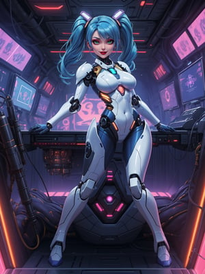 Masterpiece in 4K quality, featuring the Super Metroid style with a futuristic fusion of mecha musume. | A beautiful woman with a robotic body, clad in an all-white mecha musume suit adorned with small blue areas and circular golden lights. Her blue hair, with abundant bangs covering the right eye, two pigtails, and disheveled, adds a unique touch to her appearance. The expression of pure joy reflects directly to the viewer as she adopts a sensual pose, leaning back in a dynamic way and reclining on a large structure in the scene. | Inside an ultra-technological aircraft, the setting is filled with machines, computers, futuristic structures, and Super Metroid-style monitors. The camera is very close, focusing on her entire body, revealing every detail of the cybernetic armor and puppet-like limbs. | She is immersed in her environment, interacting with enthusiasm as she sensually leans on the structure, providing a dynamic and exciting scene. | She is adopting a ((sensual pose as interacts, boldly leaning on a large structure in the scene, leaning back in a sensual way, adding a unique touch to the scene.):1.3), ((full body)), perfect hand, fingers, hand, perfect, better_hands, Big, More Detail.