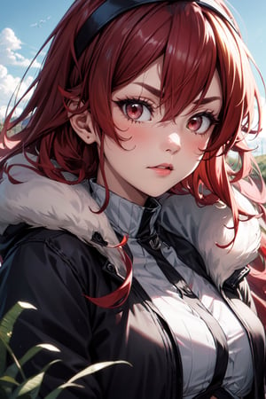 (masterpiece), best quality, expressive eyes, perfect face, (medium close-up), looking at viewer, erism, 1girl, solo, aged up, mature female, large breasts, red hair, long hair, ahoge, hairband, crossed bangs, hair between eyes, black hairband, sidelocks, red eyes, white shirt, fur-trimmed jacket, ((black jacket)), open jacket, coat, crop top, (field), sky     