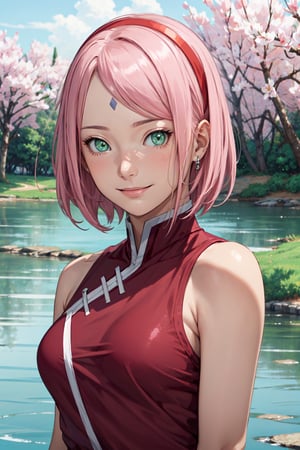 (masterpiece), absurdres, best quality, expressive eyes, perfect face, looking at viewer, 1girl, solo, smile, (portrait), (upper body), mature female, red sleeveless dress, red hairband, forehead mark, short hair, pink hair, green eyes, medium breasts, lake, (spring), haruno sakura