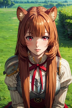 (masterpiece), best quality, expressive eyes, perfect face, looking at viewer, (portrait), upper body, mature female, (sweater), red dress, breastplate, armor, ribbon, long sleeves, large breasts, red eyes, brown hair, long hair, bangs, raccoon girl, raccoon ears, animal ears, (pasture), one tree, sky