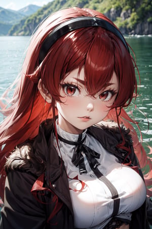 (masterpiece), best quality, expressive eyes, perfect face, (medium close-up), looking at viewer, 1girl, solo, aged up, mature female, large breasts, red hair, long hair, ahoge, hairband, crossed bangs, hair between eyes, black hairband, sidelocks, red eyes, white shirt, fur-trimmed jacket, ((black jacket)), open jacket, coat, crop top, (lake), eris_greyrat